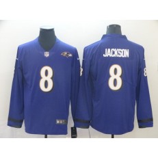Baltimore Ravens #8 Lamar Jackson Purple Therma Long Sleeve Nike NFL Men Jersey