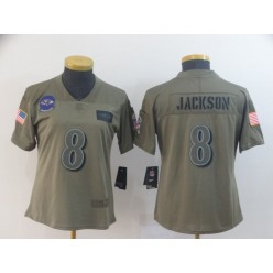 Women Nike Baltimore Ravens #8 Lamar Jackson 2019 Olive Salute To Service Limited Jersey