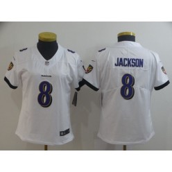 Women Nike Baltimore Ravens #8 LaMar Jackson White Vapor Untouchable Limited Jersey