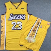 Los Angeles Lakers #23 Lebron James Yellow Nike Authentic Jersey With Shorts