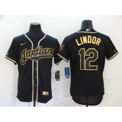 MLB Cleveland Indians #12 Francisco Lindor Black Gold 2020 Nike Flexbase Jersey