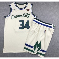 Milwaukee Bucks #34 Giannis Antetokounmpo Cream 2019-20 City Edition Nike Swingman Jersey(With Shorts)