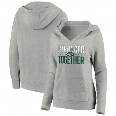 New York Jets Women Heather Gray Stronger Together Crossover Neck Pullover Hoodie