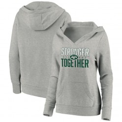 New York Jets Women Heather Gray Stronger Together Crossover Neck Pullover Hoodie