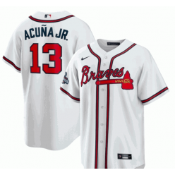 MLB Atlanta Braves 13 Ronald Acuna Jr. White 2021 Red World Series Champions Embroidered Patch Nike Cool Base Men Jersey