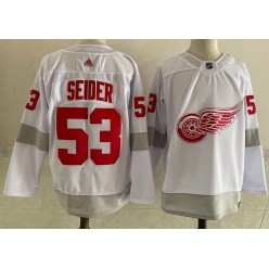 Red Wings 53 Moritz Seider White 2020-21 Reverse Retro Adidas Jersey