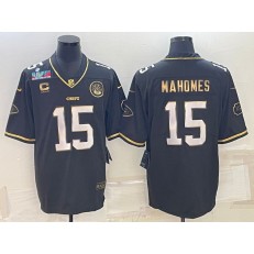Nike Chiefs #15 Patrick Mahomes Black Gold 2023 Super Bowl LVII C Patch Vapor Limited Jersey