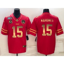Nike Chiefs #15 Patrick Mahomes Red Gold 2023 Super Bowl LVII C Patch Vapor Limited Jersey