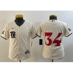 Rangers 34 Nolan Ryan Cream Youth Nike 2023 City Connect Cool Base Jersey