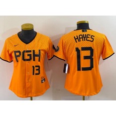 Pirates 13 Ke'Bryan Hayes Gold Women Nike 2023 City Connect Cool Base Jersey