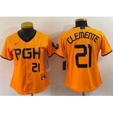 Pirates 21 Roberto Clemente Gold Women Nike 2023 City Connect Cool Base Jersey