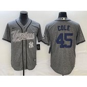 Yankees 45 Gerrit Cole Logo Gray Gridiron Cool Base Jersey