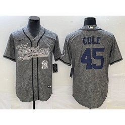 Yankees 45 Gerrit Cole Logo Gray Gridiron Cool Base Jersey