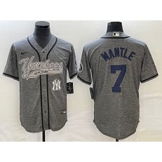 Yankees 7 Mickey Mantle Logo Gray Gridiron Cool Base Jersey