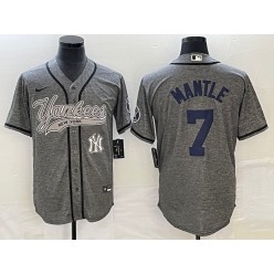 Yankees 7 Mickey Mantle Logo Gray Gridiron Cool Base Jersey