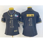 Nike Eagles 1 Jalen Hurts Black Gold Women 2023 Super Bowl LVII Vapor Untouchable Jersey