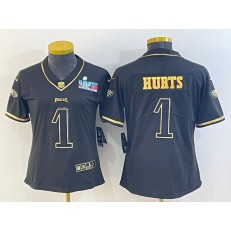 Nike Eagles 1 Jalen Hurts Black Gold Women 2023 Super Bowl LVII Vapor Untouchable Jersey