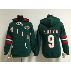 Womens NHL Minnesota Wild #9 Mikko Koivu Lace Up Pullover Hooded Sweatshirt